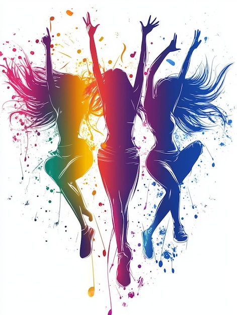 Three Silhouettes of Jumping Women on a Colorful Background