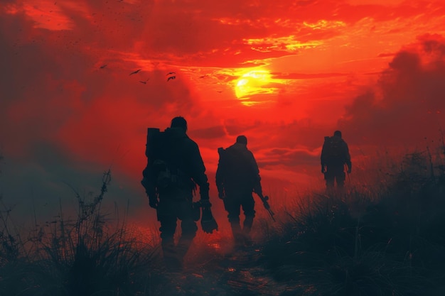 Three Silhouettes Walking Into the Red Sunset