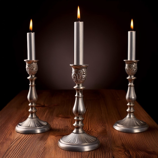 Photo three silver candlesticks with the words quot the name of the quot christ quot on the bottom