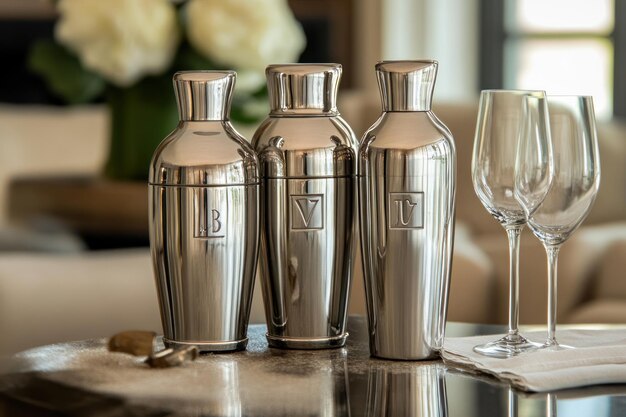 Photo three silver cocktail shakers and two wine glasses on a table