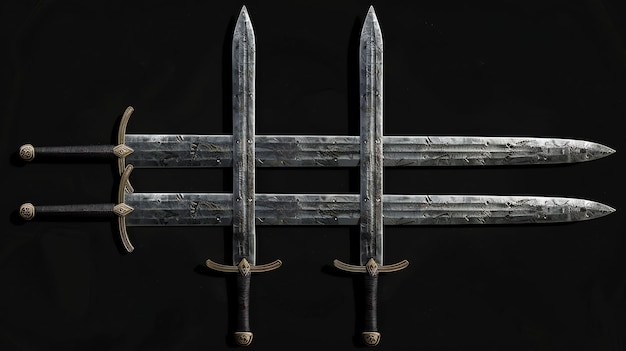 Photo three silver swords with gold accents arranged in an h pattern on a black background