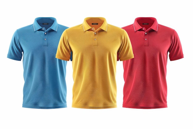 Photo three simple polo shirts in blue yellow and red isolated on white background