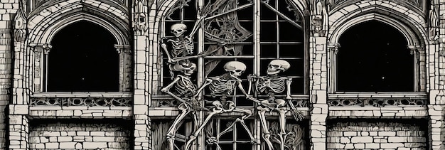 three skeleton statues are on a scaffolding