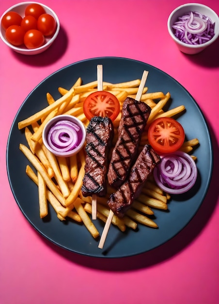 Three skewers of grilled meat on top of french fries with a side of sliced tomatoes food and drink