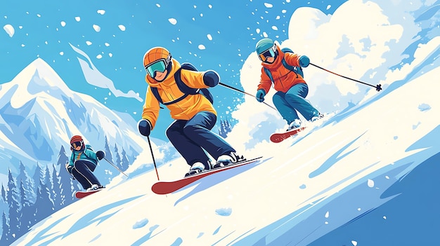 Three skiers descend a snowy slope in a mountainous landscape under a clear blue sky