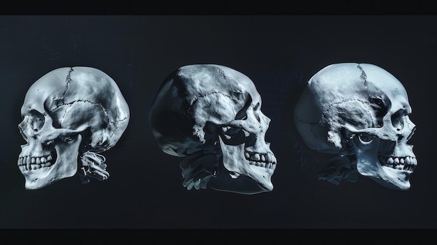 Photo three skulls are shown in a black and white photo