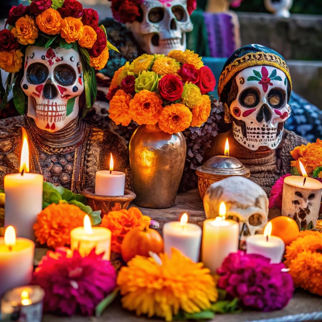 Photo three skulls and flowers are on a table with candles and flowers