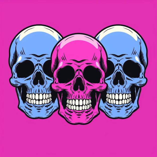 three skulls with different colors on a pink background generative ai