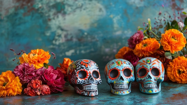 Photo three skulls with flowers and the words  skull  on them