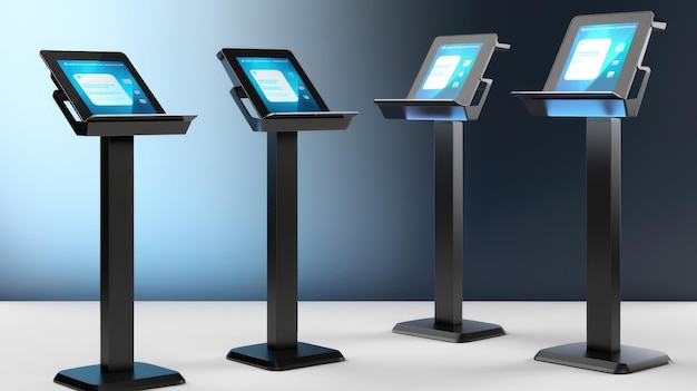 Three sleek modern tablet stands with a minimalist design perfect for showcasing digital content or displaying information in a professional setting