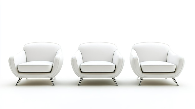 Three sleek white modern armchairs with curved design on a white background