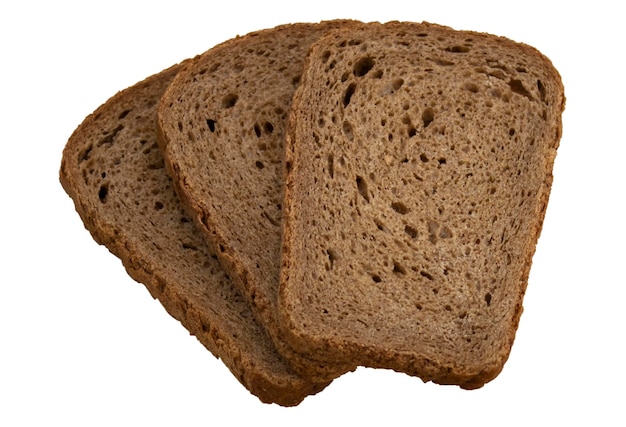 Three slices of black bread on a white background Nutrition concept