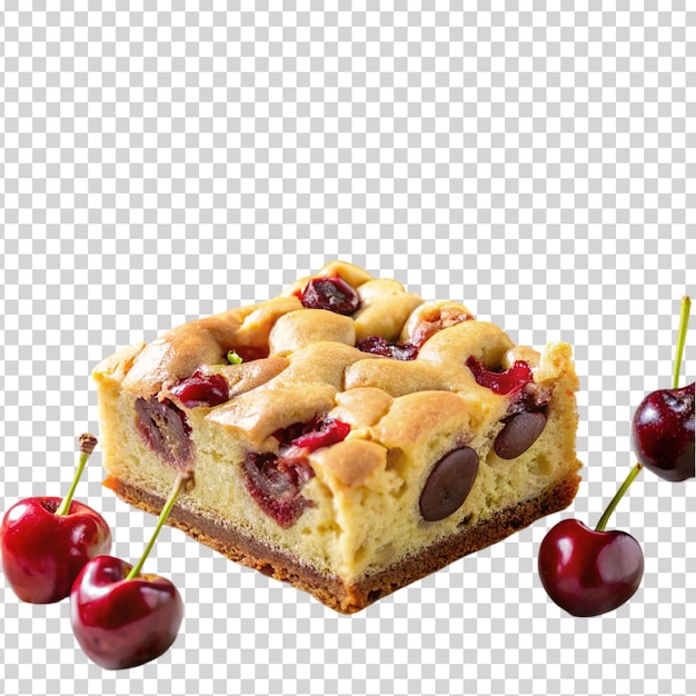 Three slices of cherry cake with chocolate chips on top and three cherries on transparent background