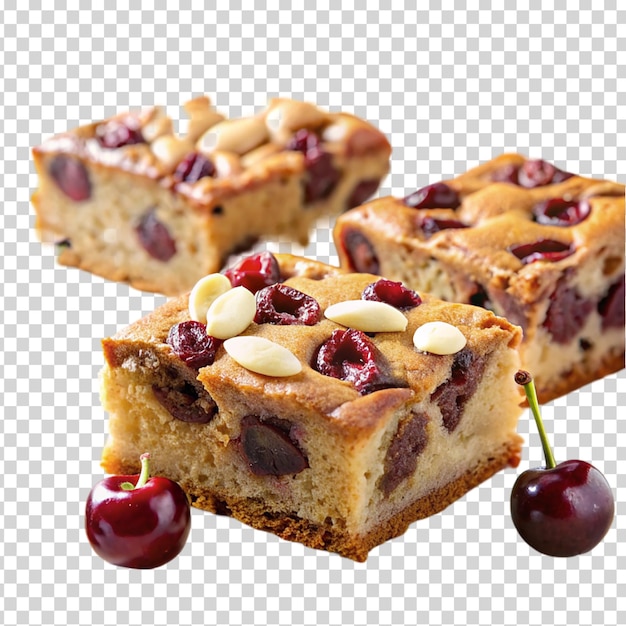 Three slices of cherry cake with chocolate chips on top and three cherries on transparent background