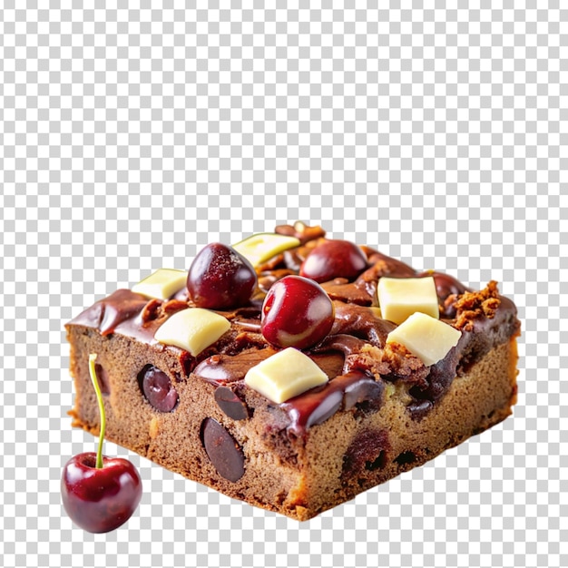 Three slices of cherry cake with chocolate chips on top and three cherries on transparent background