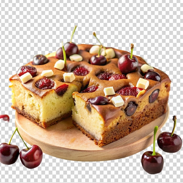 Three slices of cherry cake with chocolate chips on top and three cherries on transparent background