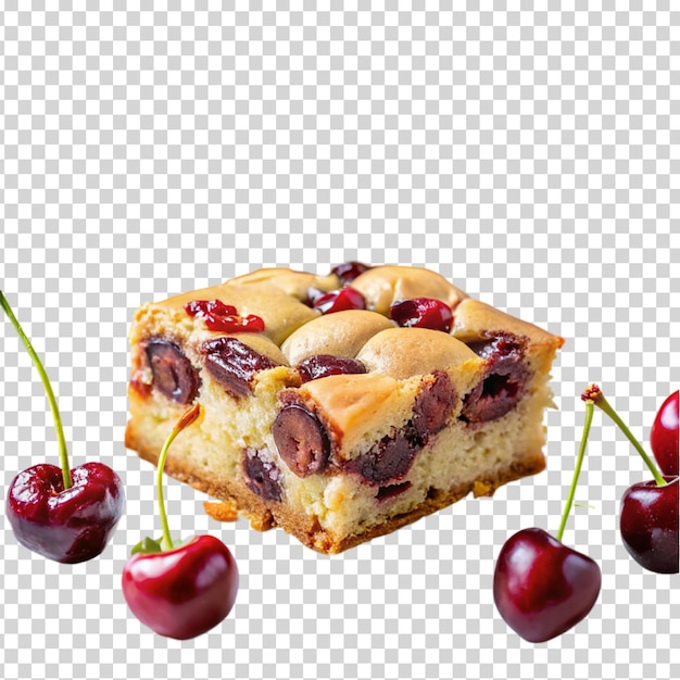 Three slices of cherry cake with chocolate chips on top and three cherries on transparent background