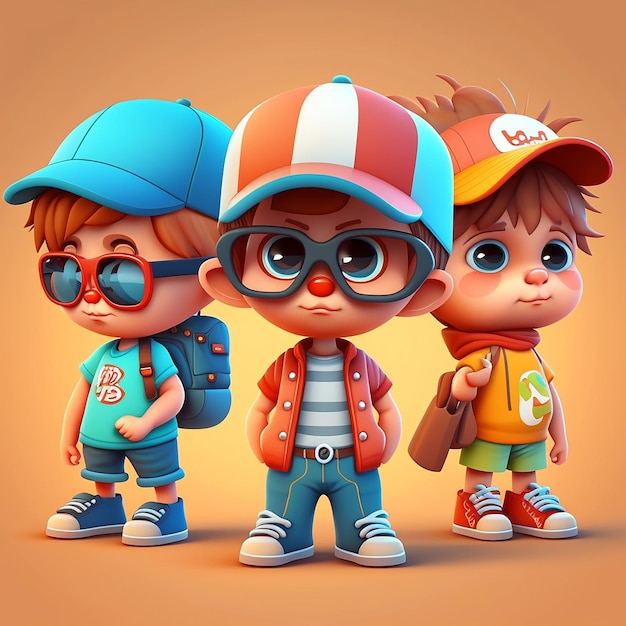 Three small boys on colorful background funny cartoon character school kid 3d Generative AI