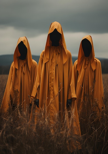 three small phantoms with gold and orange standing in a field