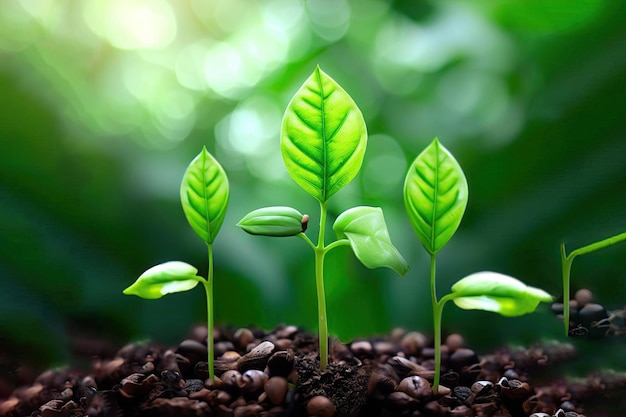 Three small plants sprouting from the ground with green leaves on them.