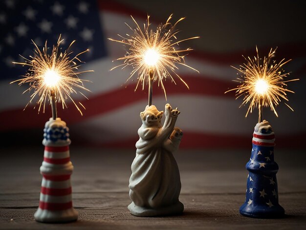 three small statues of liberty and a statue of liberty with fireworks in the background