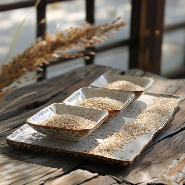 three small trays of wheat and wheat on a table