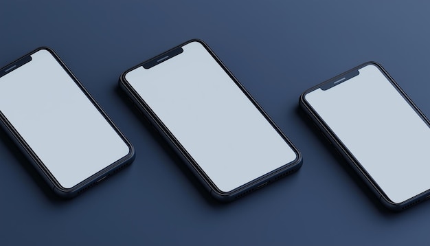 Photo three smart phones on a blue surface with one showing the screen showing a blank screen