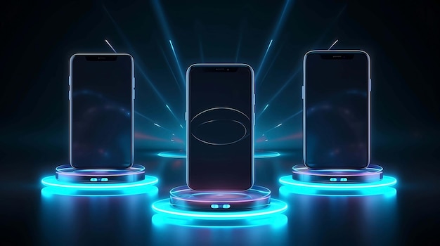 Three smartphones with blue neon light on dark background Generative AI illustrations