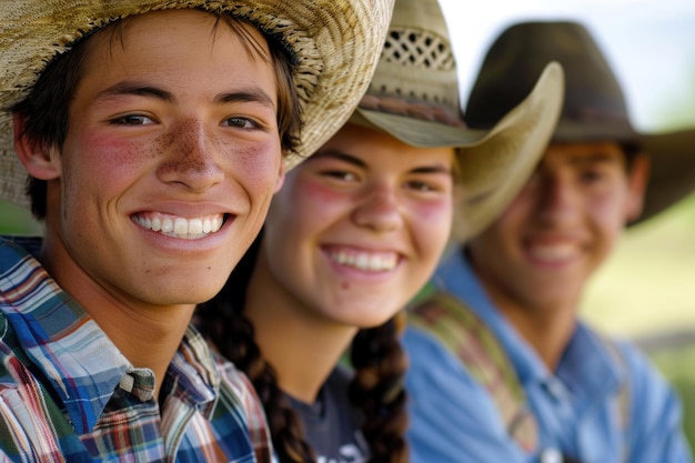 Three smiling faces of young farmers