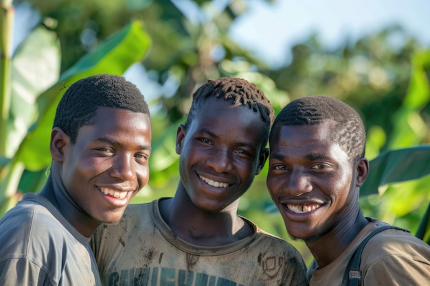 Three smiling faces of young farmers