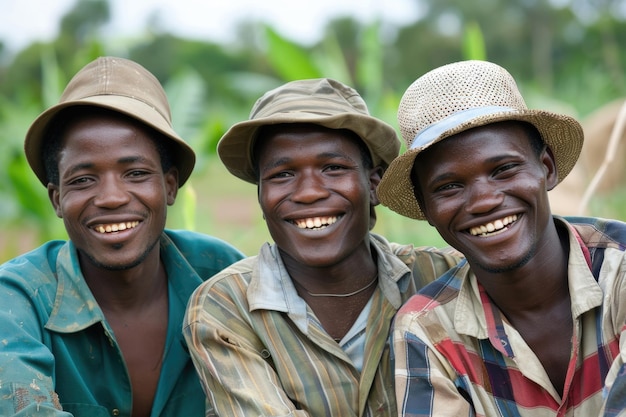 Three smiling faces of young farmers