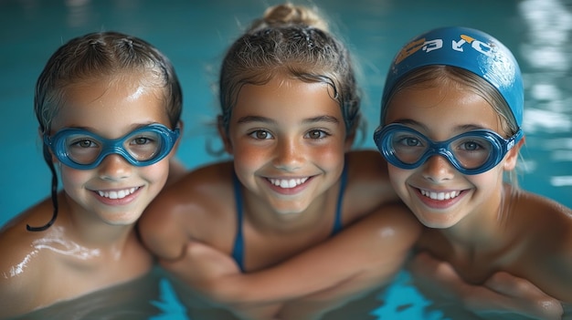 Photo three smiling girls in a swimming pool