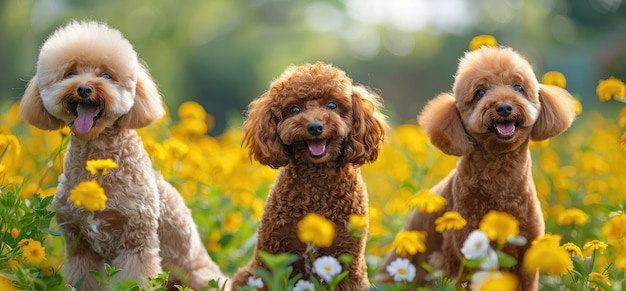 Three Smiling Poodles Enjoying a Blissful Day Amongst Sunny Blooms Generative AI