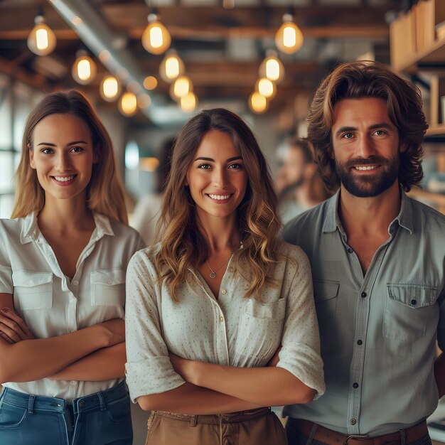 Three smiling young adults standing confidently in a cozy cafe with warm lighting