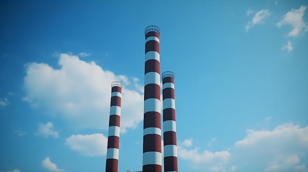 Three smoke stacks against a blue sky with clouds