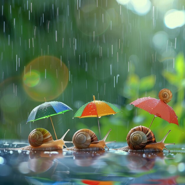 Photo three snails sheltering under umbrellas in the rain