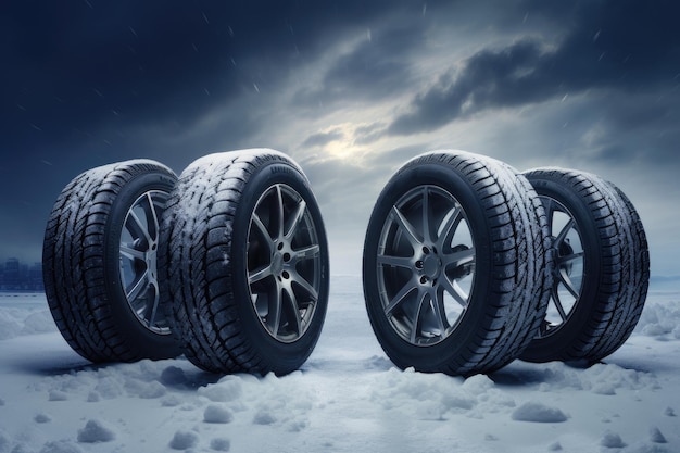 three snow tires sitting on top of snow covered ground