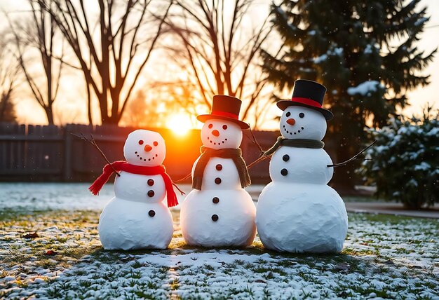 Photo three snowmen are sitting in the snow one of them has a red hat