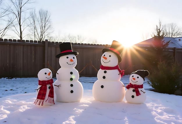 three snowmen are sitting in the snow with the sun shining behind them