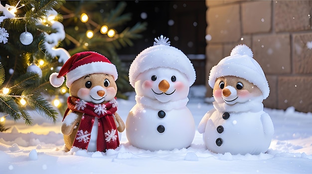 three snowmen are standing in front of a christmas tree