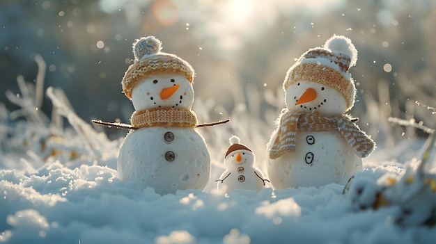 Photo three snowmen in a winter wonderland