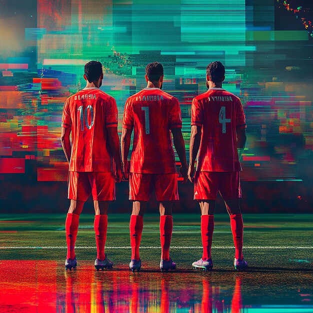 Photo three soccer players in red green and blue uniforms