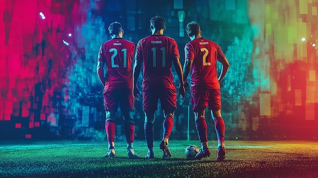 Photo three soccer players in red green and blue uniforms