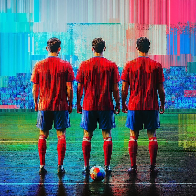 Photo three soccer players in red green and blue uniforms