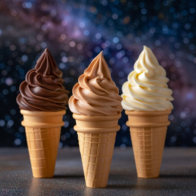 Three Soft Serve Ice Cream Cones Against a Blurry Galaxy Background