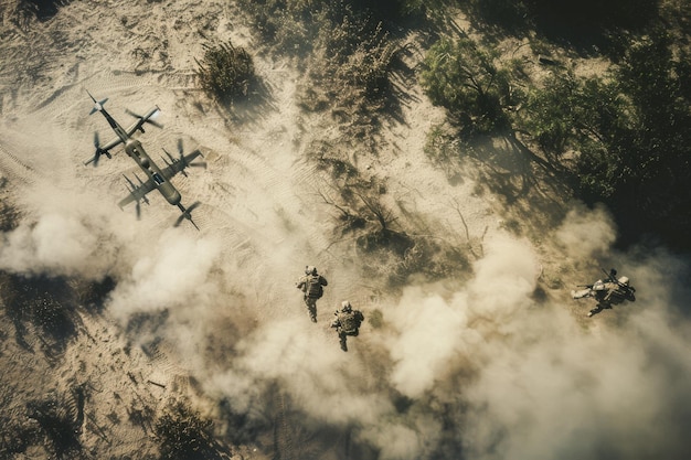 Three soldiers descend from a helicopter into a dusty battlefield surrounded by smoke and aircraft overhead creating a tense and chaotic scene