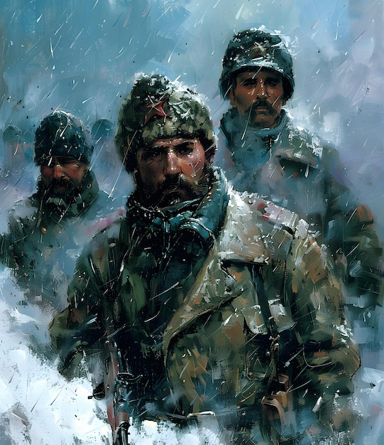 Three soldiers in winter gear and armed with rifles trudge through a snowy forest