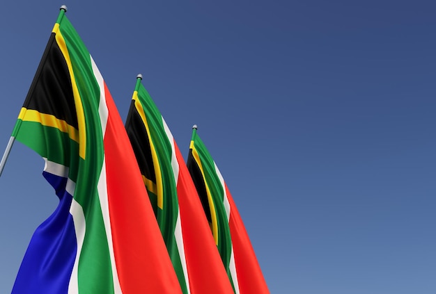 Three South African flags on a flagpole on a blue background Place for text The flag is unfurling in wind Cape Town Pretoria Bloemfontein 3D illustration