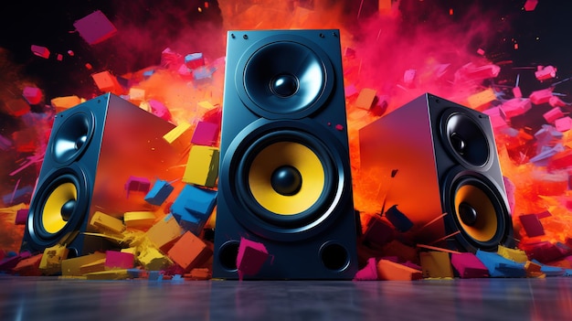 Three speakers with colorful explosion