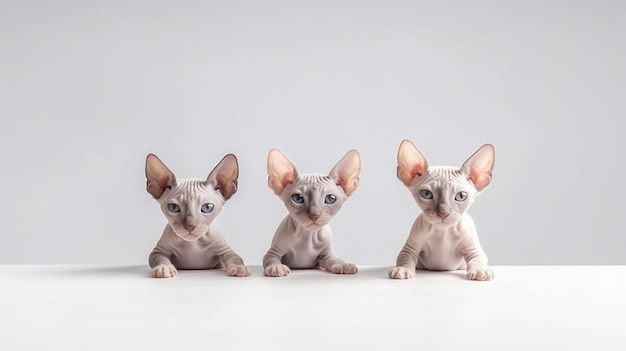 Three Sphynx cats with blue eyes standing in row on white background